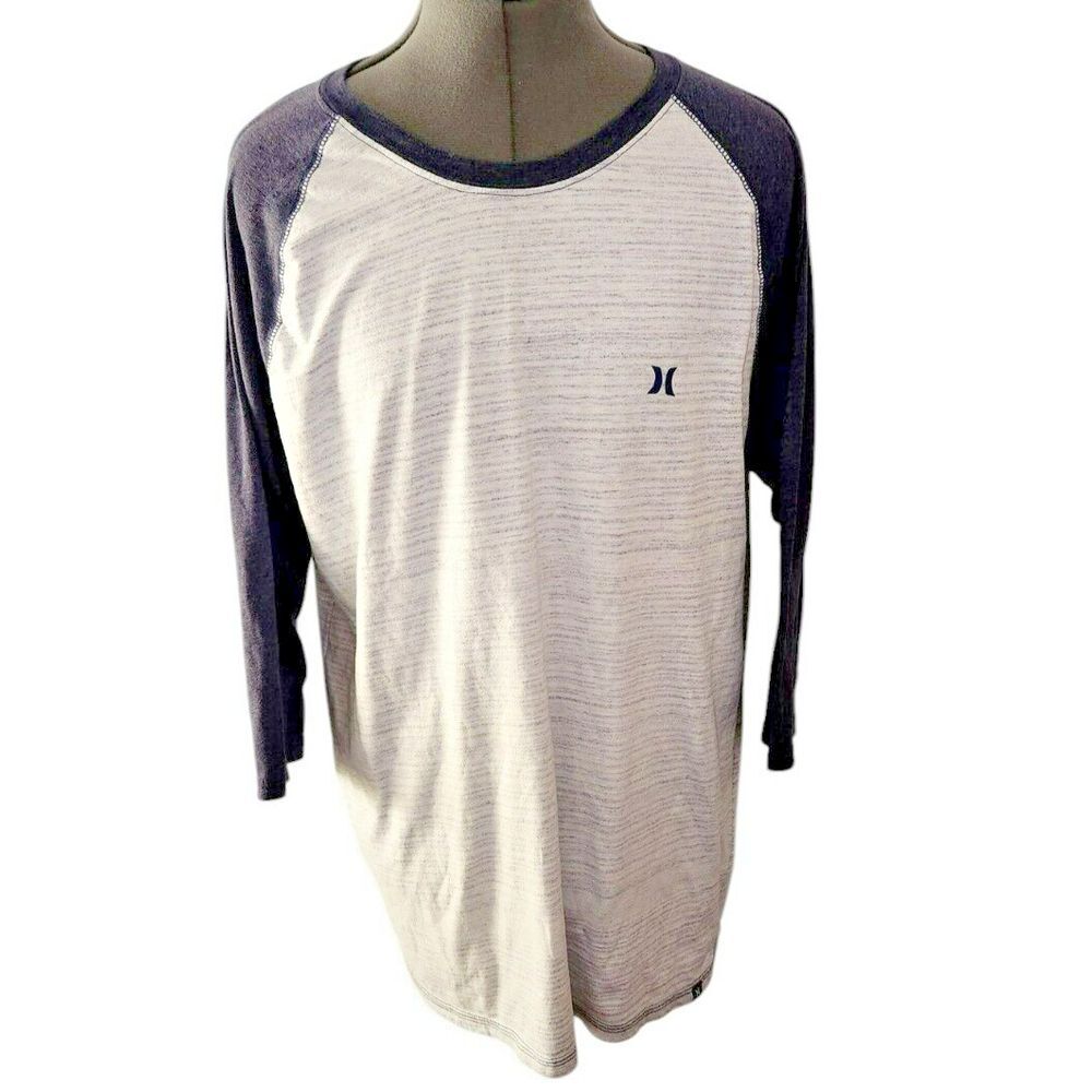 Hurley Mens Raglan Baseball Tee Heathered Grey Navy‎ Blue 3/4 Sleeve Size XL